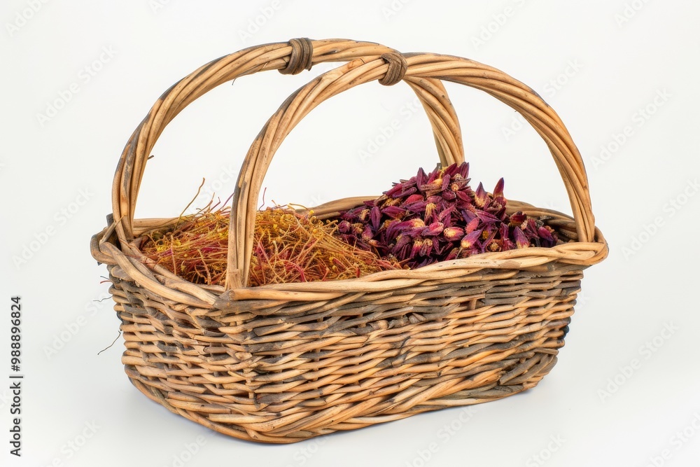 Collection of saffron, with a wicker basket Collection of saffron, with a wicker basket