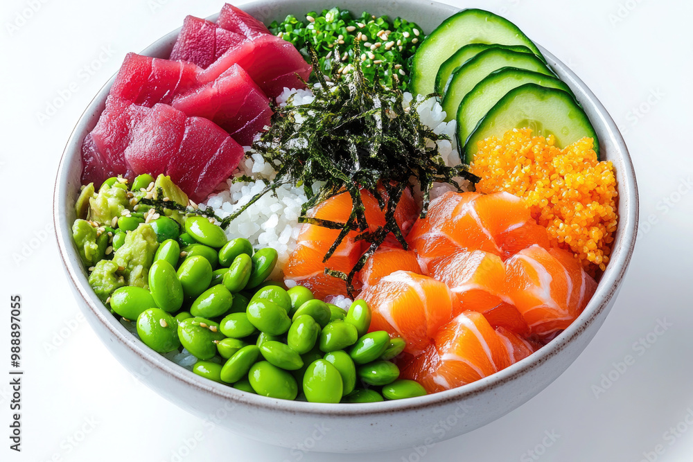 A beautifully arranged poke bowl with fresh ingredients, isolated on a white background A beautifully arranged poke bowl with fresh ingredients, isolated on a white background