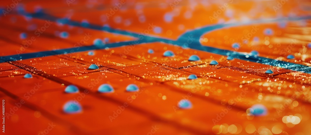 Close-up of orange basketball court, defocused blue particles, realistic texture Close-up of orange basketball court, defocused blue particles, realistic texture