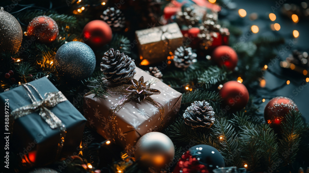 Festive Christmas Scene Wrapped Gifts, Ornaments, and Fir Branches Festive Christmas Scene Wrapped Gifts, Ornaments, and Fir Branches