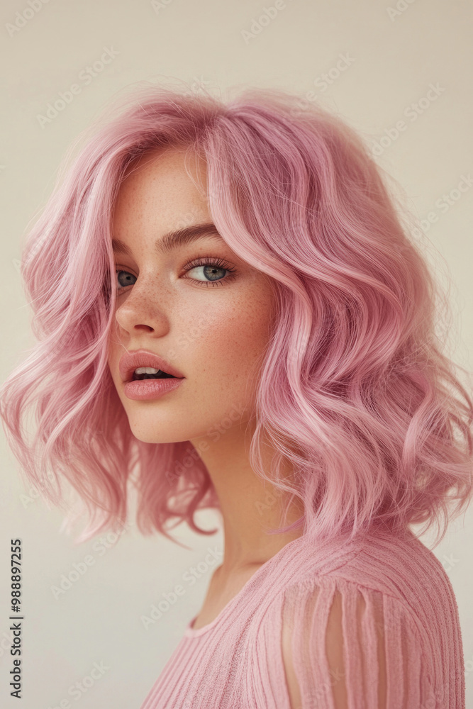 A stylish woman with trendy pastel pink hair, posing confidently against a neutral background A stylish woman with trendy pastel pink hair, posing confidently against a neutral background