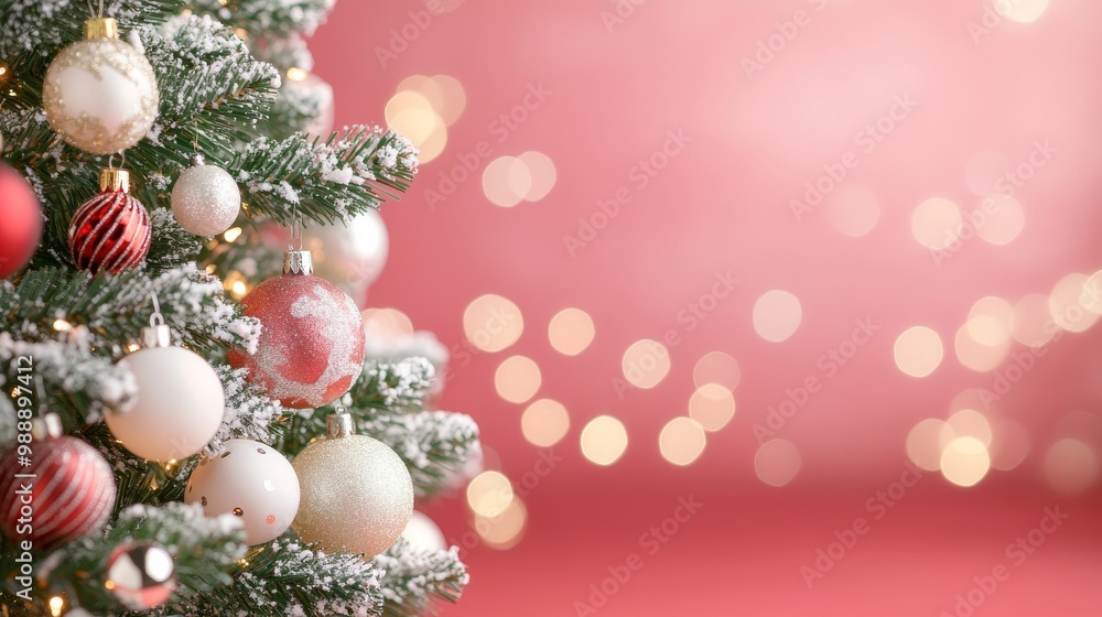 christmas tree and bokeh lights, red background christmas tree and bokeh lights, red background