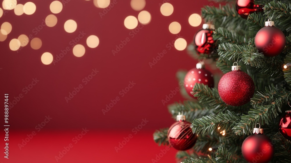 christmas tree and bokeh lights, red background