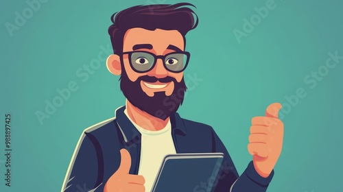 Hipster businessman with a tablet PC giving a thumbs up Portrait of a cartoon hipster character Flat style raster illustration