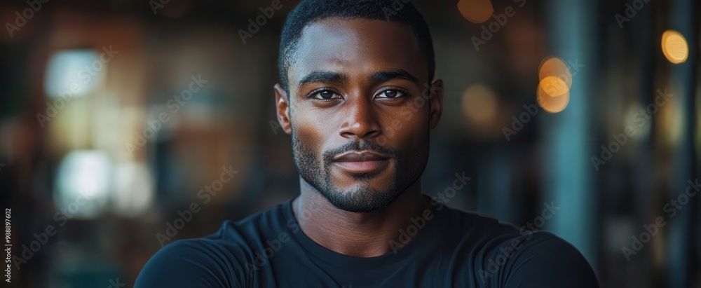 confident african american man in black tshirt urban backdrop dramatic lighting powerful stance confident african american man in black tshirt urban backdrop dramatic lighting powerful stance