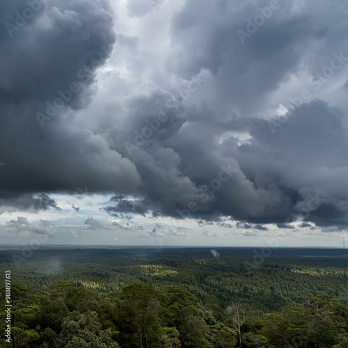 Moody view of dark storm clouds gathering over a vast green forest landscape, creating a dramatic and atmospheric scene.