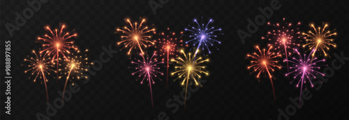 Vector fireworks png. Colorful fireworks on isolated transparent background. Fireworks, pyrotechnics PNG. Festive background.