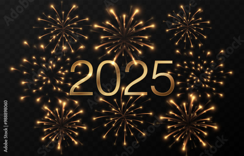 Vector fireworks png. Banner with golden text 2025. Fireworks, pyrotechnics PNG. Festive background. Happy New Year.
