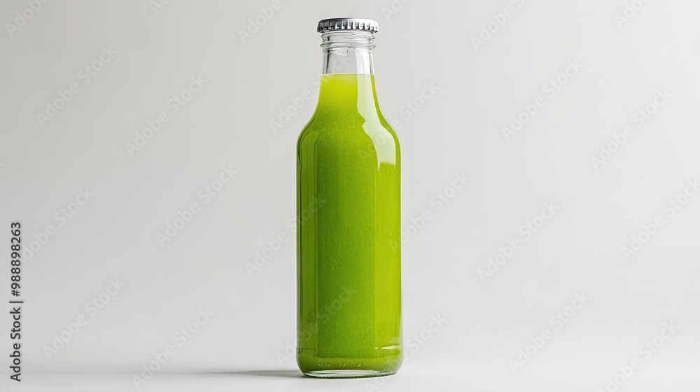 Fototapeta premium A bottle of vibrant green juice set against a white background, representing a fresh, healthy beverage option.