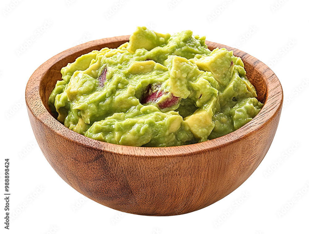 Guacamole in a wooden bowl, delicious, isolated on transparent cutout background Guacamole in a wooden bowl, delicious, isolated on transparent cutout background
