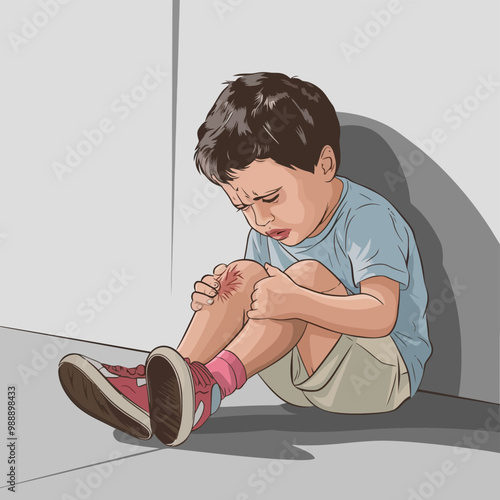 Child sitting with an injured knee, looking distressed