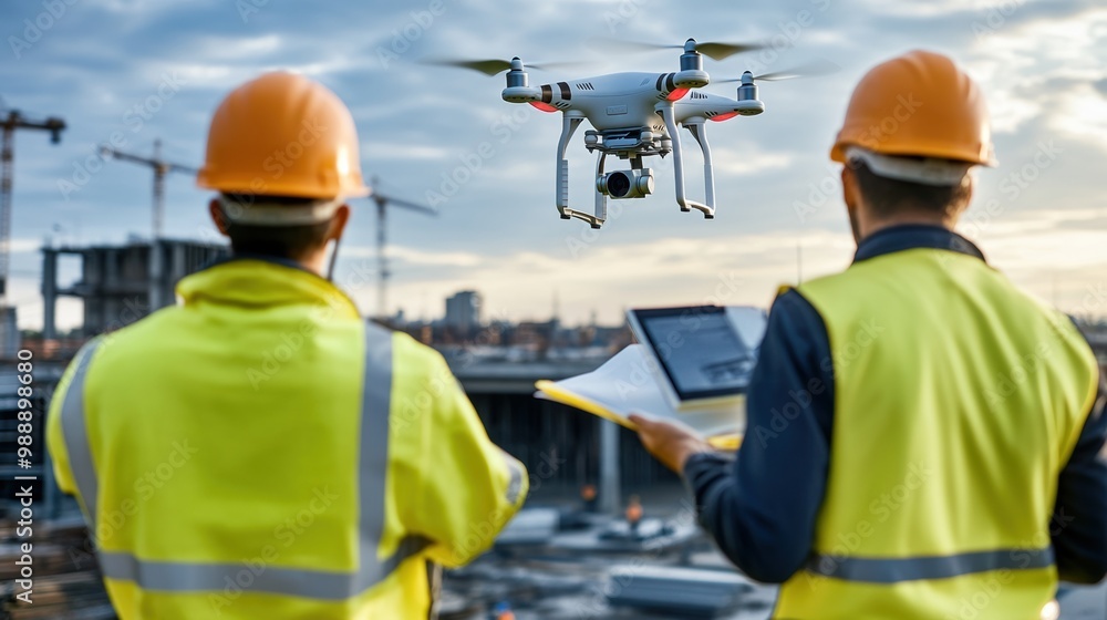 Drone Operation at Construction Site with Workers Drone Operation at Construction Site with Workers