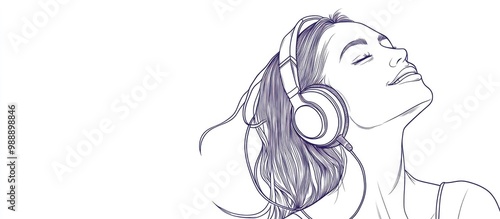 Single continuous line drawing of a joyful woman wearing wireless headphones depicted in a flat doodle style on a white background