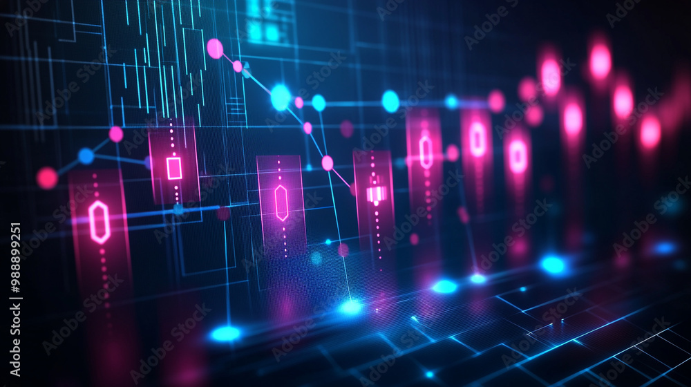 Dynamic digital graph on a futuristic interface featuring neon lines and data points, symbolizing financial growth and technology. Dynamic digital graph on a futuristic interface featuring neon lines and data points, symbolizing financial growth and technology.