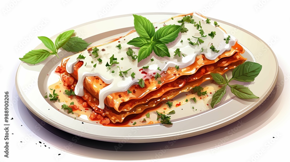 A Plate of Lasagna with Creamy Sauce and Basil Garnish A Plate of Lasagna with Creamy Sauce and Basil Garnish
