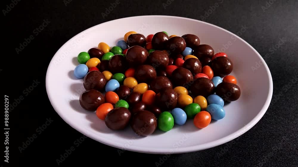 Chocolate delights in various shapes and sizes are served on white plates on a dark background