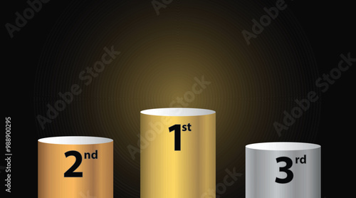 1st 2nd 3rd Place Gold, bronze, silver,  podium with green background Illustration