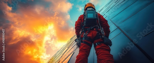 construction worker using advanced exoskeleton suit to effortlessly install selfadjusting smart roof tiles on a futuristic building photo