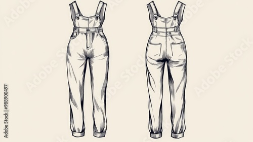Fashion sketch template featuring a front and back view of a girl s dungaree design
