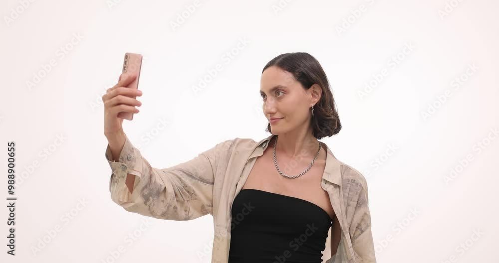 Smiling woman holds modern smartphone and takes selfie on white background. Brunette female dressed in stylish outfit takes photo slow motion Smiling woman holds modern smartphone and takes selfie on white background. Brunette female dressed in stylish outfit takes photo slow motion