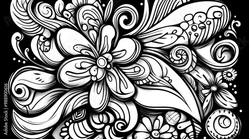 Intricate black and white floral doodle featuring whimsical patterns and delicate flowers, ideal for artistic designs. photo