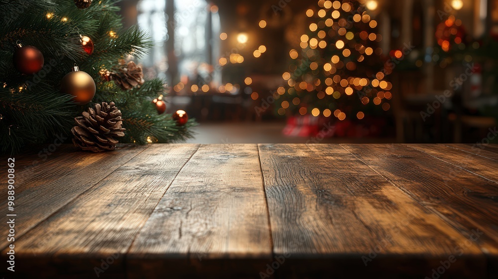 Wooden table with warm holiday lights and decorations creating a cozy atmosphere in a winter setting Wooden table with warm holiday lights and decorations creating a cozy atmosphere in a winter setting