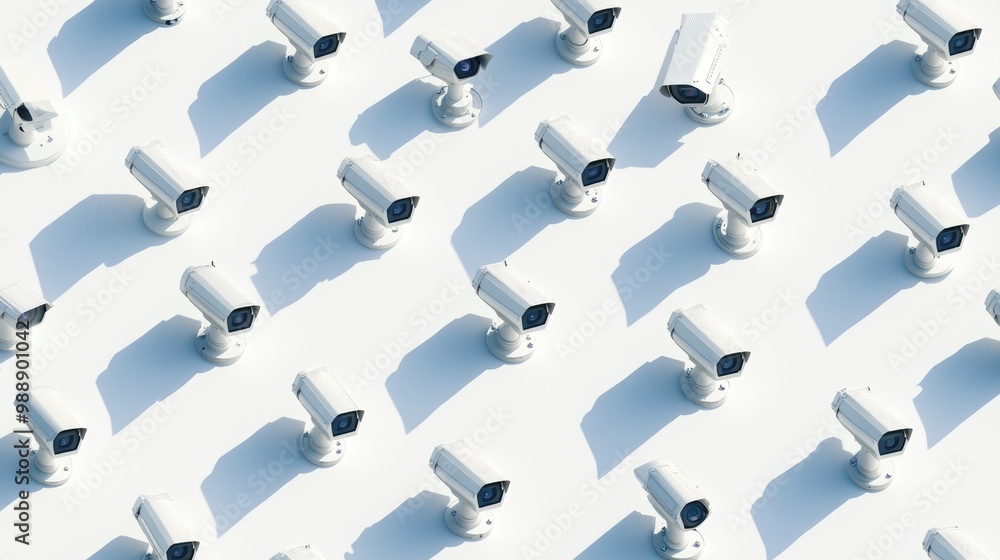 A multitude of CCTV cameras on a white background viewed from above positioned to observe various directions 3D rendering illustration A multitude of CCTV cameras on a white background viewed from above positioned to observe various directions 3D rendering illustration
