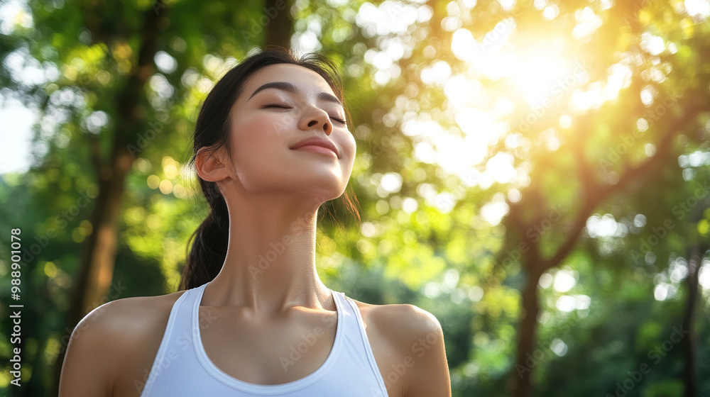 Close-up portrait of a young Asian woman exercising in a park, enjoying the fresh air and sunlight. With her eyes closed and looking up at the sky, Close-up portrait of a young Asian woman exercising in a park, enjoying the fresh air and sunlight. With her eyes closed and looking up at the sky,