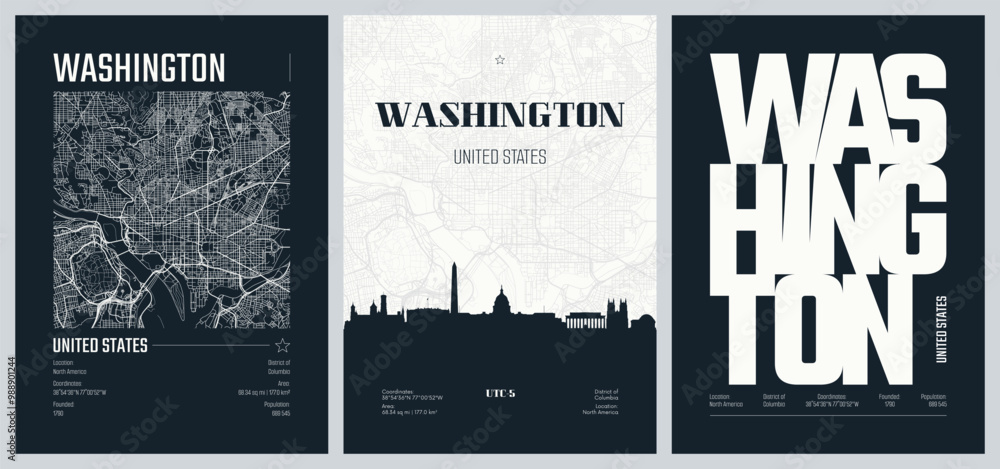 Fototapeta premium Set of travel posters with Washington, detailed urban street plan city map, Silhouette city skyline, vector artwork, set 2