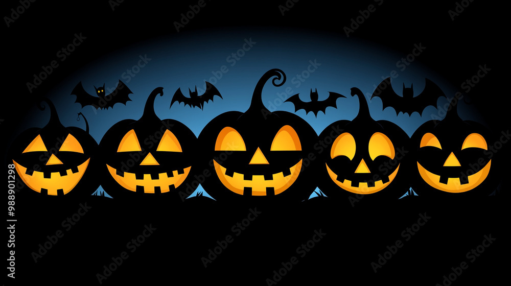 Spooky Halloween pumpkins with glowing faces and bats on a dark background, perfect for festive decoration and seasonal events. Spooky Halloween pumpkins with glowing faces and bats on a dark background, perfect for festive decoration and seasonal events.