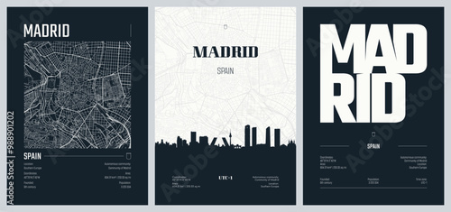 Set of travel posters with Madrid, detailed urban street plan city map, Silhouette city skyline, vector artwork, set 2