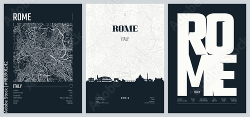 Set of travel posters with Rome, detailed urban street plan city map, Silhouette city skyline, vector artwork, set 2