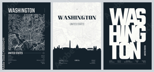 Set of travel posters with Washington, detailed urban street plan city map, Silhouette city skyline, vector artwork, set 2
