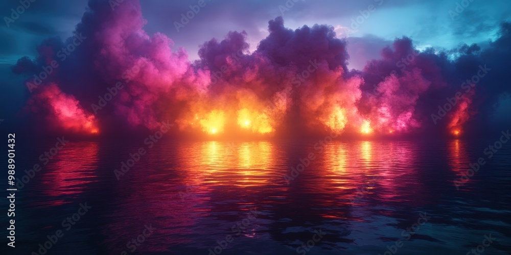 Colorful Ocean Scene at Night with Dramatic Clouds Colorful Ocean Scene at Night with Dramatic Clouds