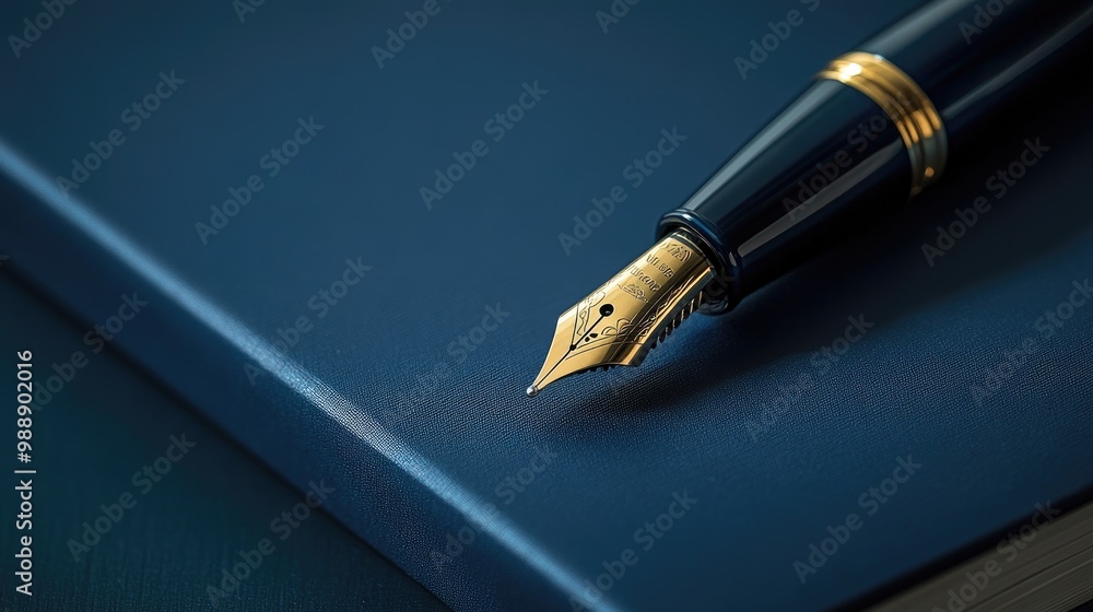 A close-up of a luxurious fountain pen resting on a navy notebook, placed on a clean navy background for a professional and stylish feel.