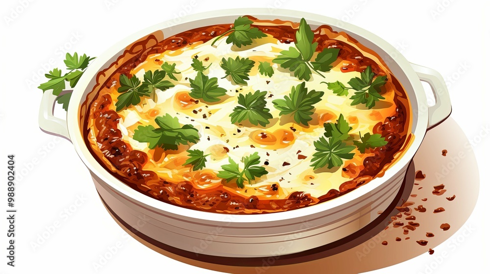 Baked Lasagna with Cheese and Parsley in a White Dish Baked Lasagna with Cheese and Parsley in a White Dish
