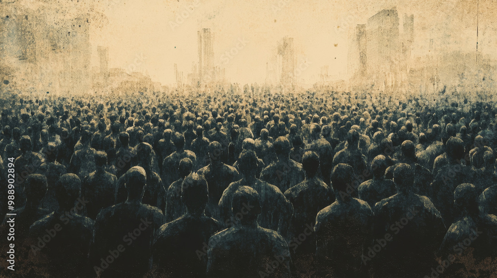 Obraz premium A massive crowd gathers in decaying city, evoking sense of desolation