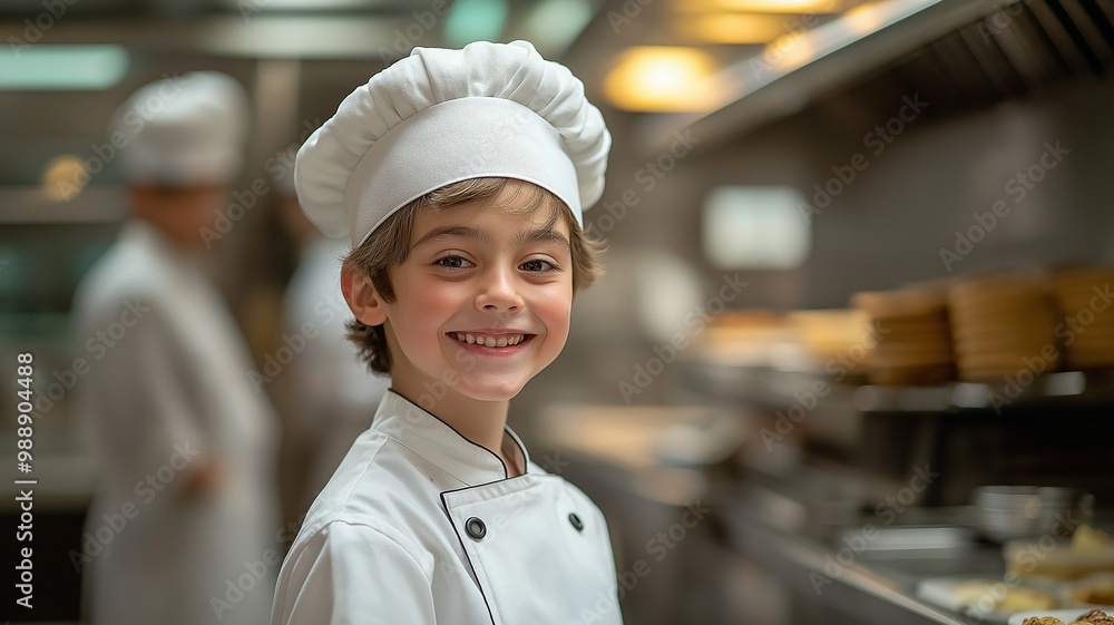 A cheerful young boy dressed as a chef, wearing a white uniform and chef's hat. A cheerful young boy dressed as a chef, wearing a white uniform and chef's hat.