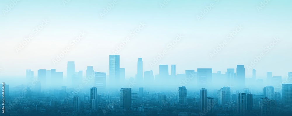 Obraz premium A hazy skyline of tall buildings against a blue gradient sky.