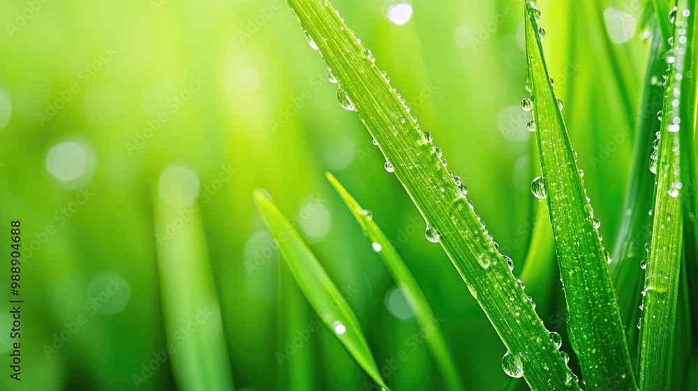 Naklejka premium A close-up of fresh, dew-covered grass blades against a vibrant green background, symbolizing freshness and the beauty of nature.