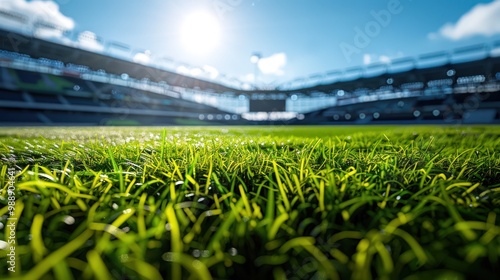 Close-up of grass with varying shades of green, subtle blue sky reflection from stadium.