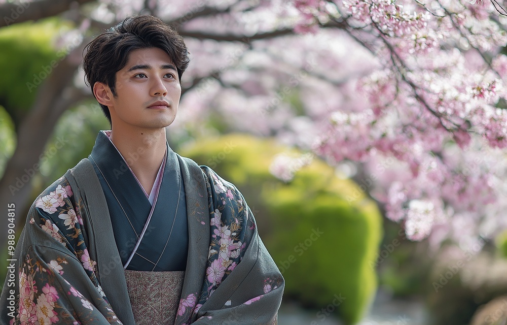 Portrait of a young man wearing traditional attire, surrounded by vibrant cherry blossoms in full bloom. Portrait of a young man wearing traditional attire, surrounded by vibrant cherry blossoms in full bloom.