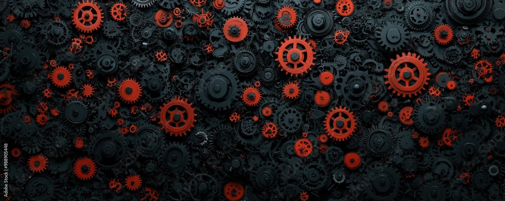 A visually striking design featuring a mix of black and red gears arranged in a pattern, creating an industrial, mechanical aesthetic. A visually striking design featuring a mix of black and red gears arranged in a pattern, creating an industrial, mechanical aesthetic.