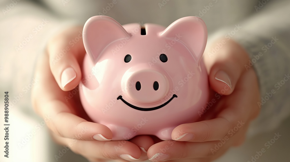 Cheerful Piggy Bank in Hands of a Caring Individual Cheerful Piggy Bank in Hands of a Caring Individual
