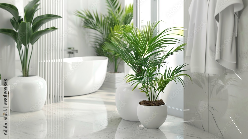 Fototapeta premium An elegant, well-lit bathroom featuring a freestanding bathtub among lush green plants and white decor