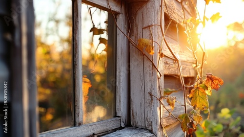 Sunlight on old rustic window with autumn leaves and vines photo