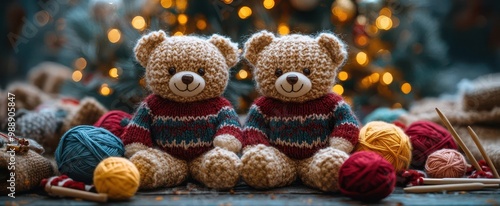 cozy christmas scene with ugly sweaterclad teddy bears arranged around a miniature decorated tree surrounded by colorful yarn balls and knitting needles photo