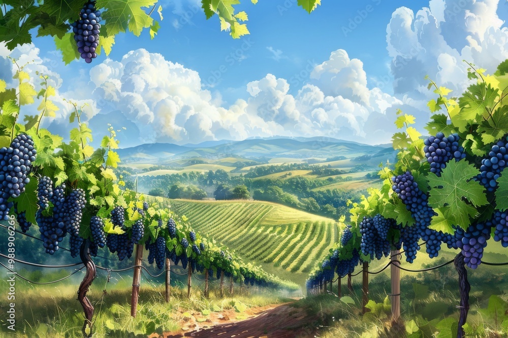Fototapeta premium Vineyard Landscape with Lush Green Hills and Abundant Grapes