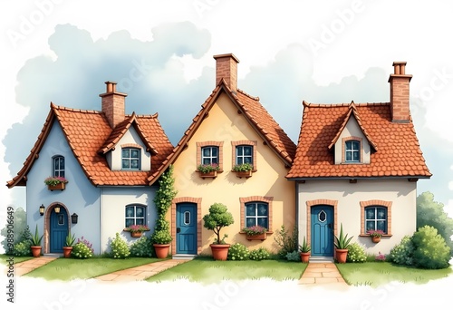 Watercolor illustration of traditional English house isolated on white background. Hand drawn cozy village house with plants and sky
 photo