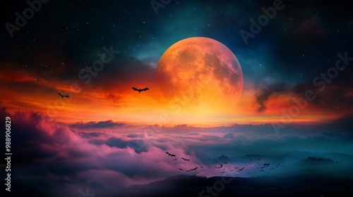 Bats Flying Over Foggy Landscape With Full Moon